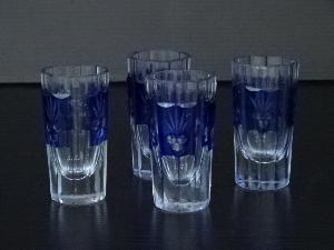 ANTIQUE BLUE KIRIKO CUT GLASS / SHOT GLASS SET OF 4 / PRE-WAR 